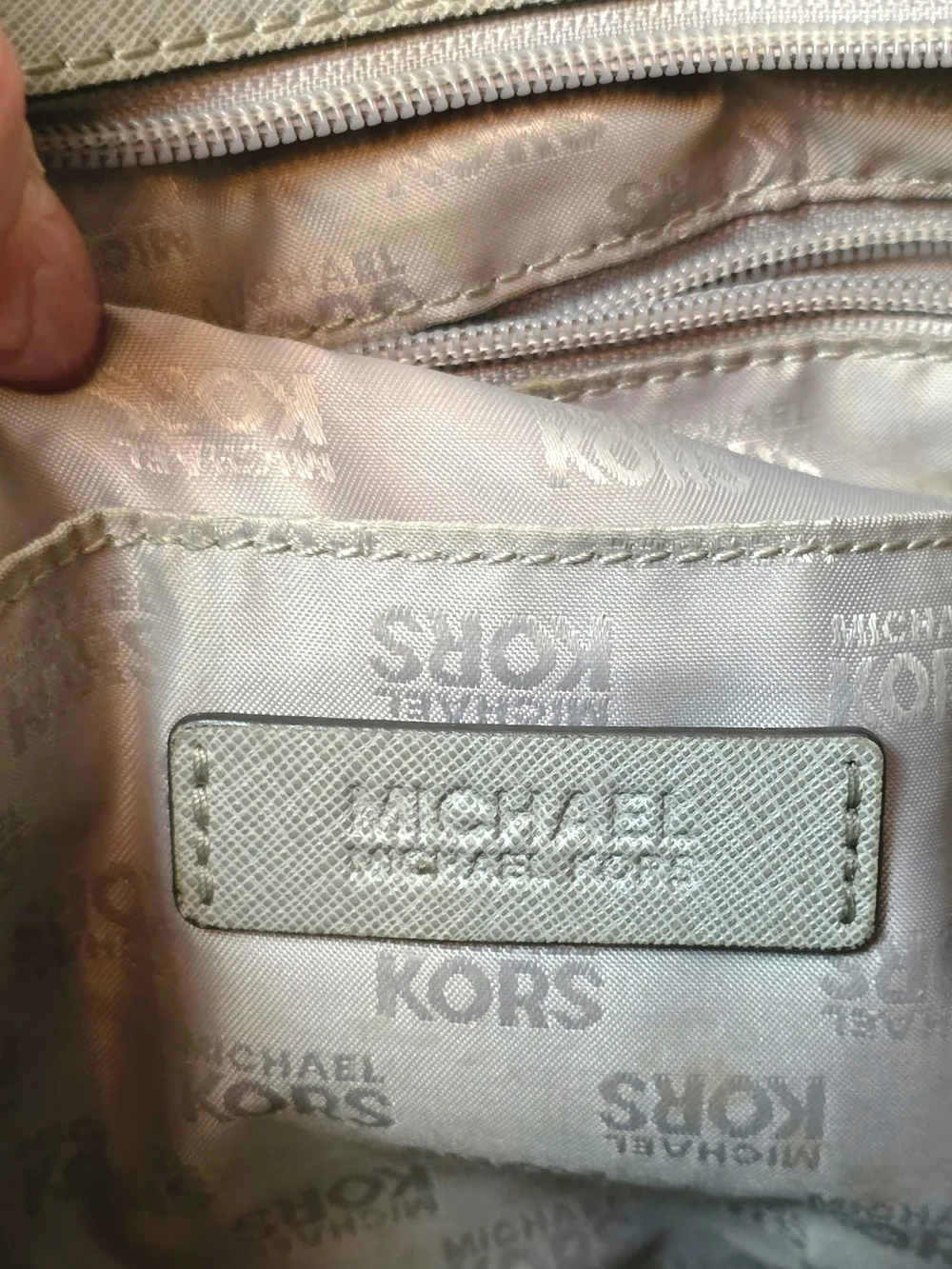 Michael Kors Large Saffiano Leather Beige Taupe Chain Tote Gold Accents